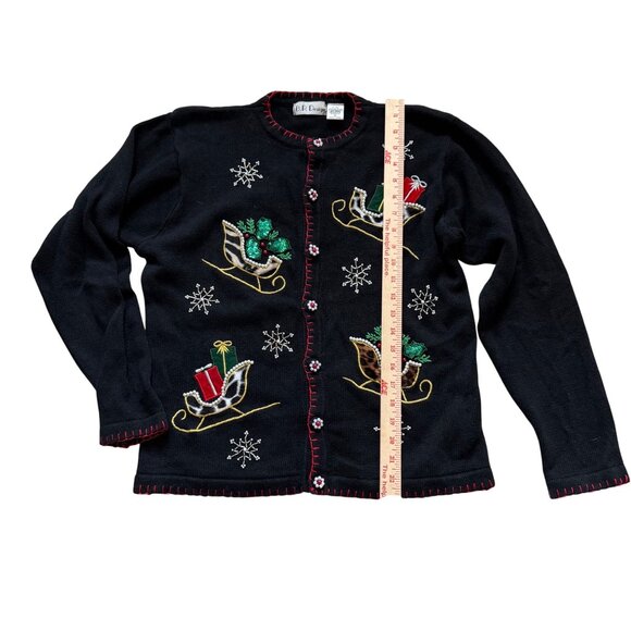 Vintage B.P. Design Christmas Sweater Cardigan Large Black With Embroidered Sled - Picture 4 of 9